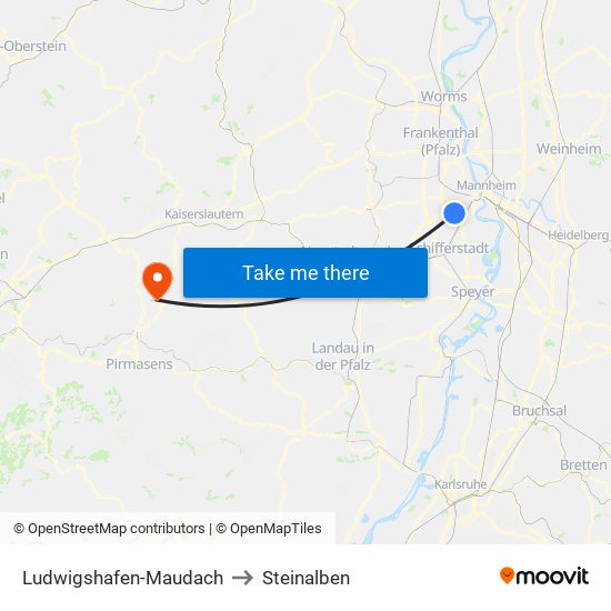 Ludwigshafen-Maudach to Steinalben map