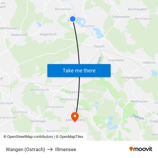 Wangen (Ostrach) to Illmensee map