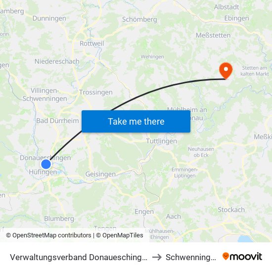 Verwaltungsverband Donaueschingen to Schwenningen map