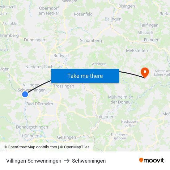 Villingen-Schwenningen to Schwenningen map