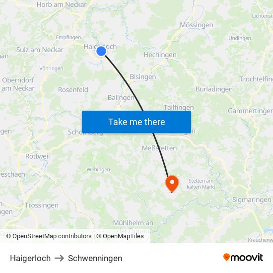 Haigerloch to Schwenningen map