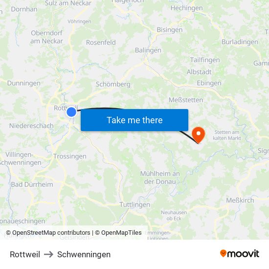 Rottweil to Schwenningen map