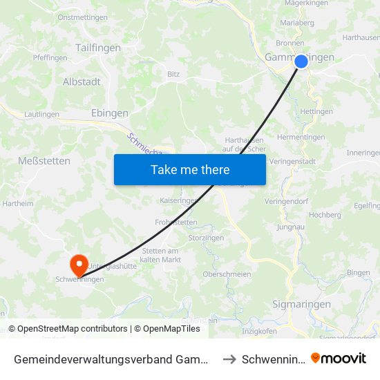 Gemeindeverwaltungsverband Gammertingen to Schwenningen map