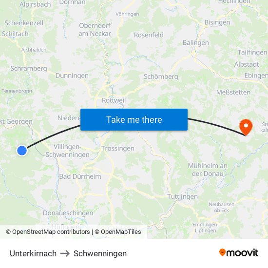 Unterkirnach to Schwenningen map