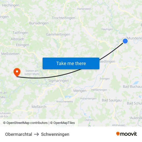 Obermarchtal to Schwenningen map