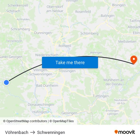 Vöhrenbach to Schwenningen map