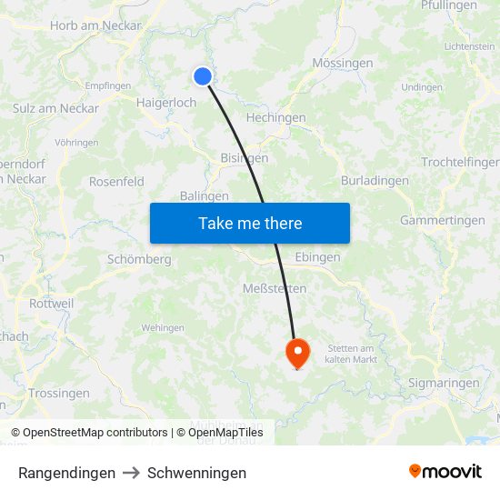 Rangendingen to Schwenningen map