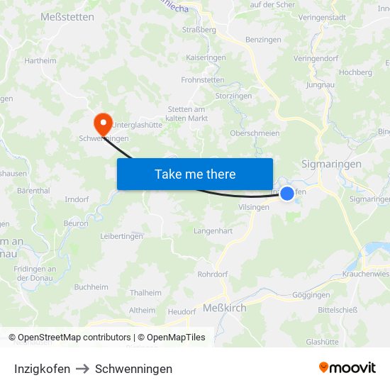 Inzigkofen to Schwenningen map