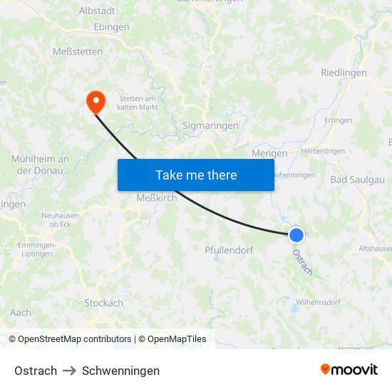 Ostrach to Schwenningen map