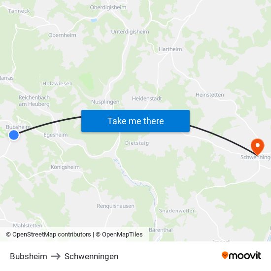 Bubsheim to Schwenningen map