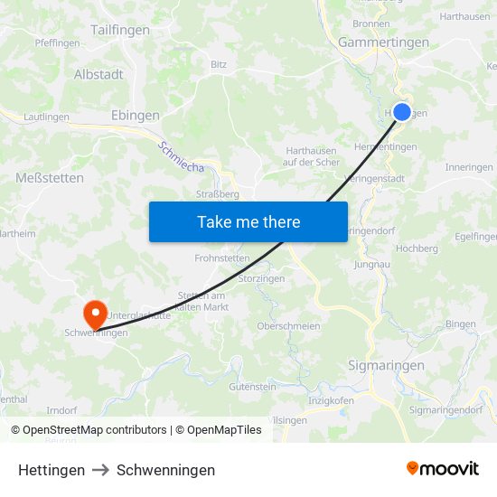 Hettingen to Schwenningen map