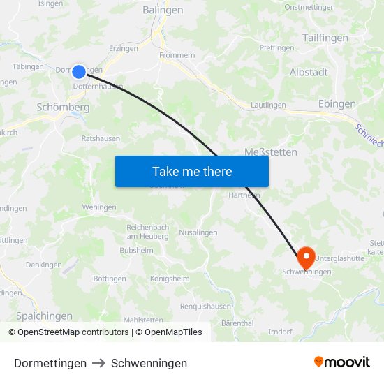 Dormettingen to Schwenningen map