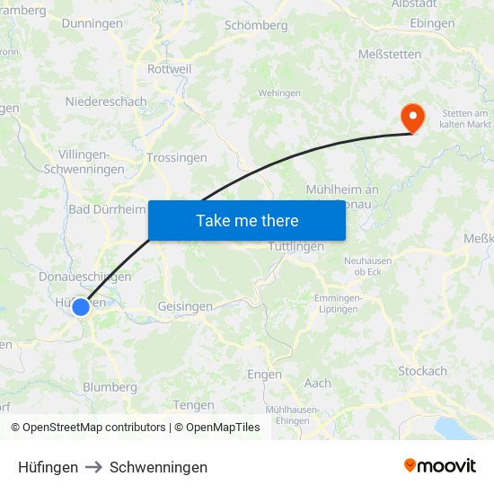 Hüfingen to Schwenningen map