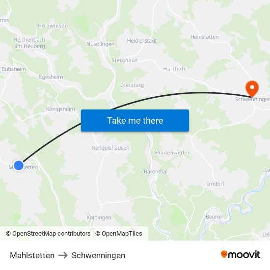 Mahlstetten to Schwenningen map