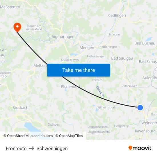 Fronreute to Schwenningen map