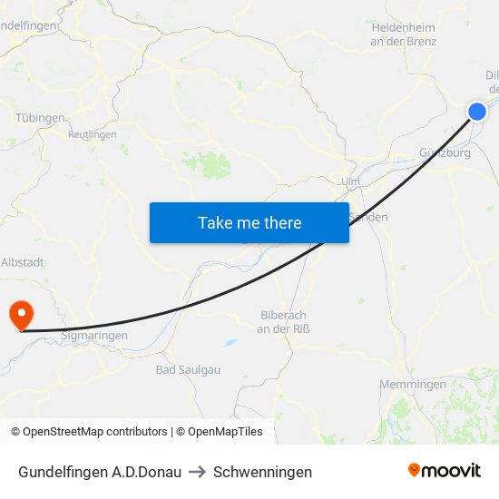 Gundelfingen A.D.Donau to Schwenningen map