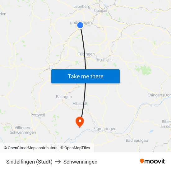 Sindelfingen (Stadt) to Schwenningen map