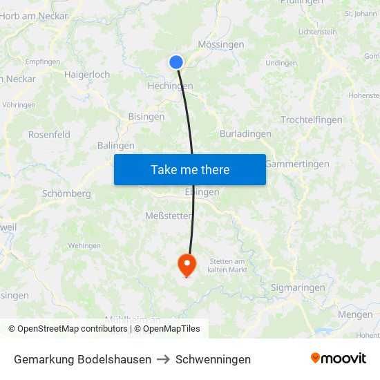 Gemarkung Bodelshausen to Schwenningen map