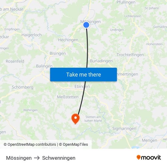 Mössingen to Schwenningen map