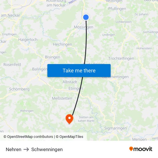 Nehren to Schwenningen map