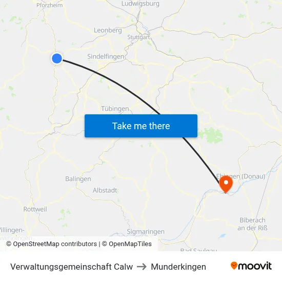 Verwaltungsgemeinschaft Calw to Munderkingen map