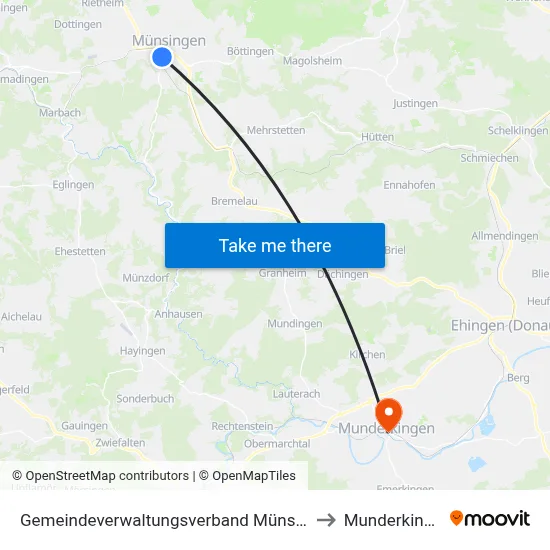 Gemeindeverwaltungsverband Münsingen to Munderkingen map