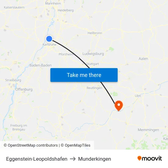 Eggenstein-Leopoldshafen to Munderkingen map