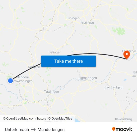 Unterkirnach to Munderkingen map