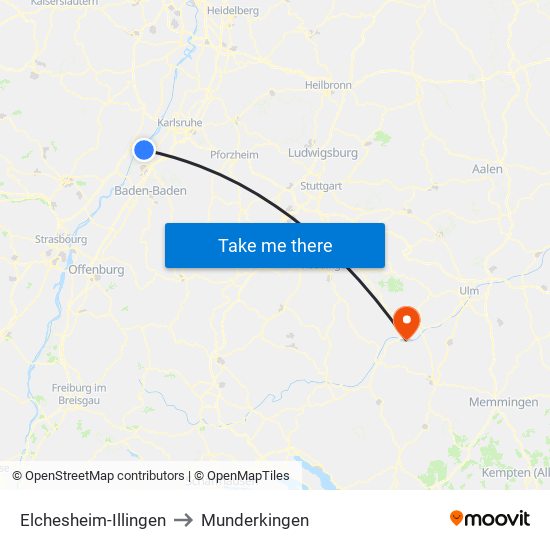 Elchesheim-Illingen to Munderkingen map