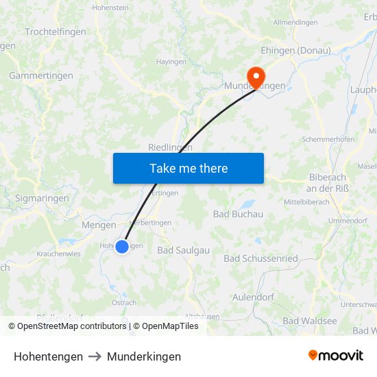 Hohentengen to Munderkingen map