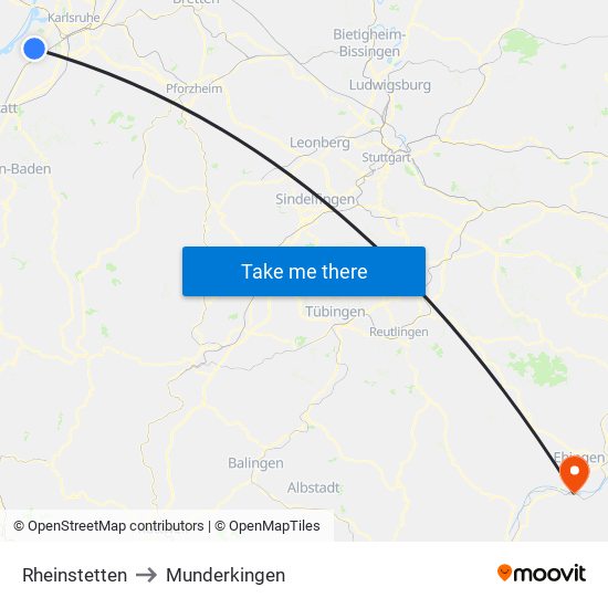 Rheinstetten to Munderkingen map