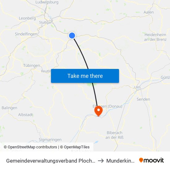 Gemeindeverwaltungsverband Plochingen to Munderkingen map