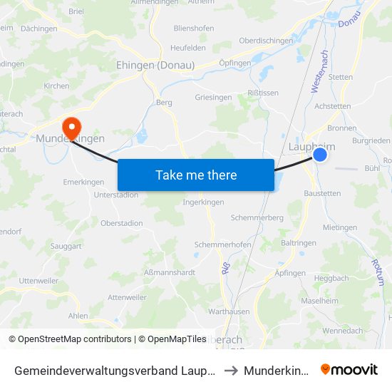 Gemeindeverwaltungsverband Laupheim to Munderkingen map