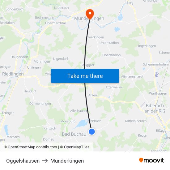 Oggelshausen to Munderkingen map