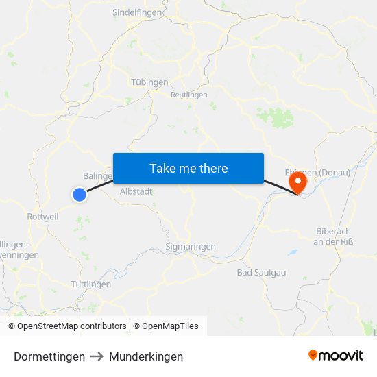 Dormettingen to Munderkingen map