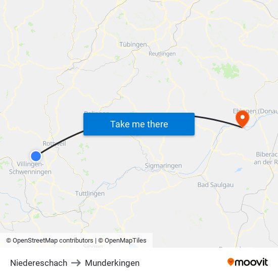 Niedereschach to Munderkingen map