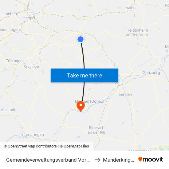 Gemeindeverwaltungsverband Voralb to Munderkingen map