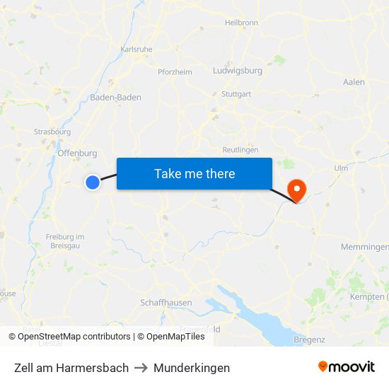 Zell am Harmersbach to Munderkingen map