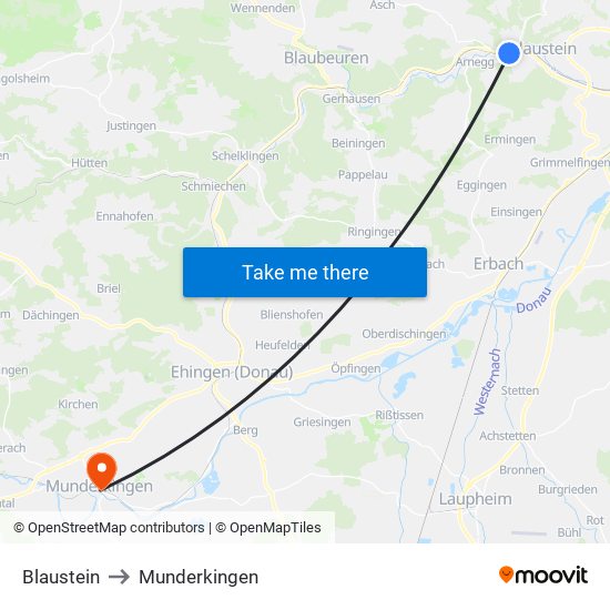 Blaustein to Munderkingen map