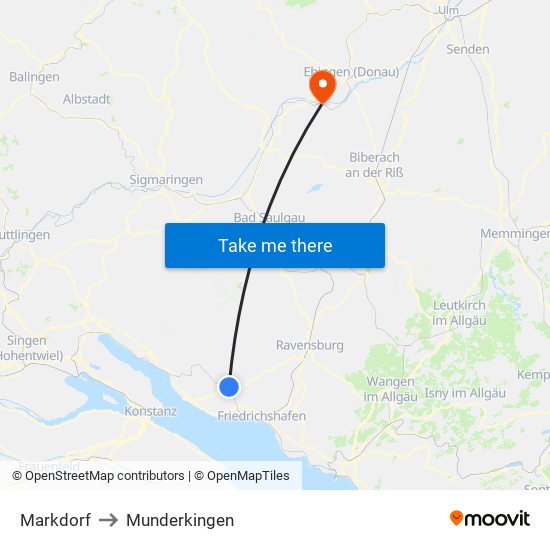 Markdorf to Munderkingen map