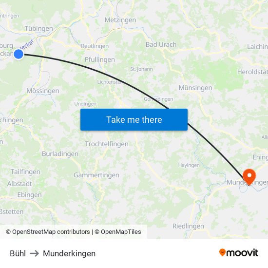 Bühl to Munderkingen map