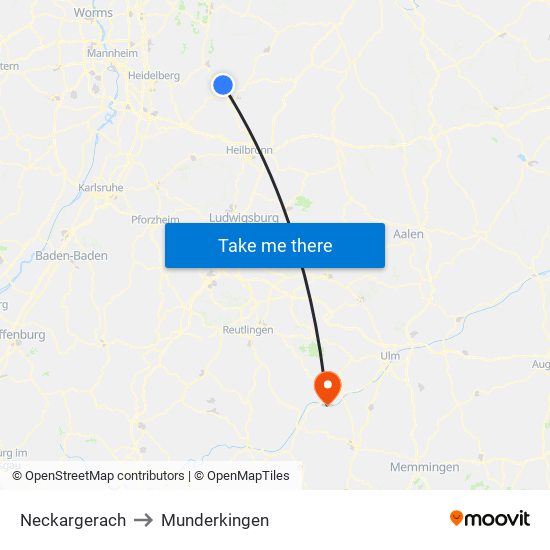 Neckargerach to Munderkingen map