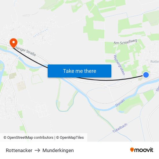 Rottenacker to Munderkingen map