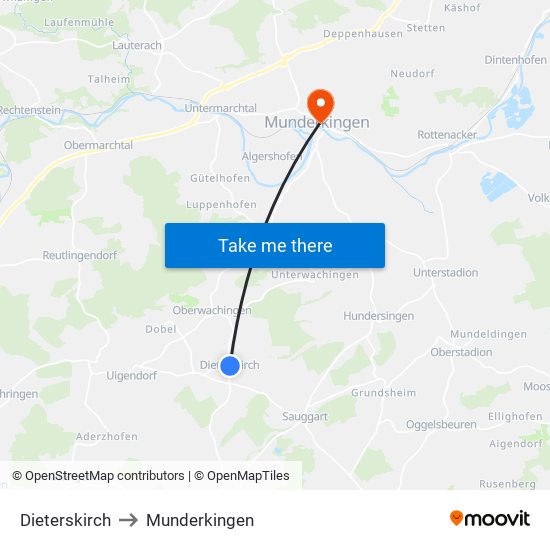 Dieterskirch to Munderkingen map