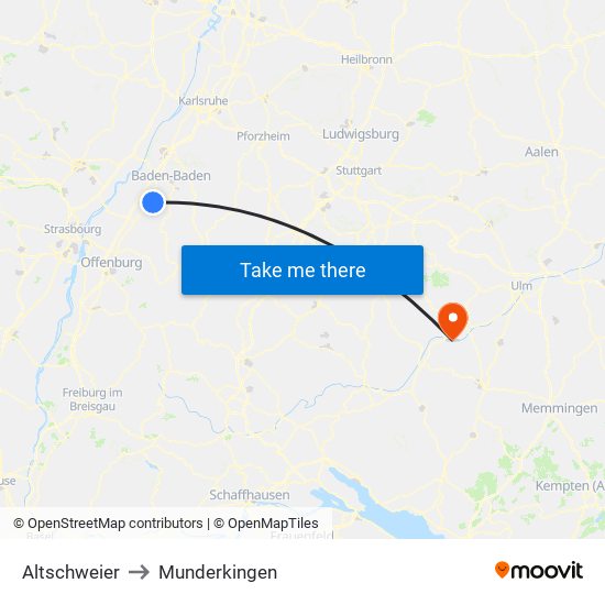 Altschweier to Munderkingen map