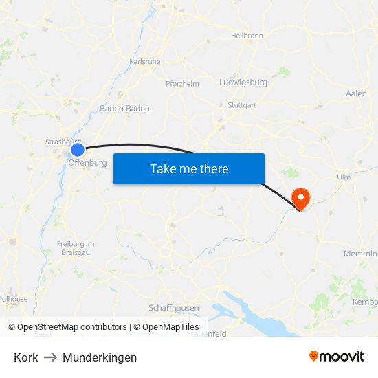 Kork to Munderkingen map