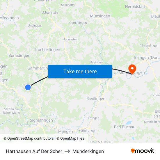 Harthausen Auf Der Scher to Munderkingen map