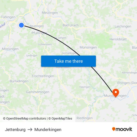 Jettenburg to Munderkingen map