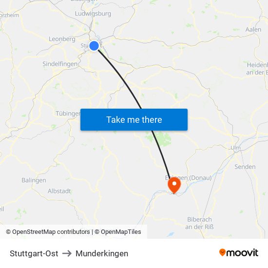 Stuttgart-Ost to Munderkingen map