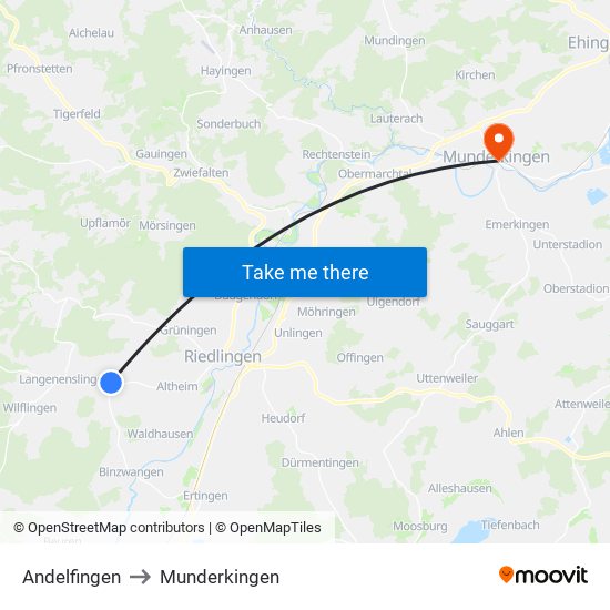 Andelfingen to Munderkingen map